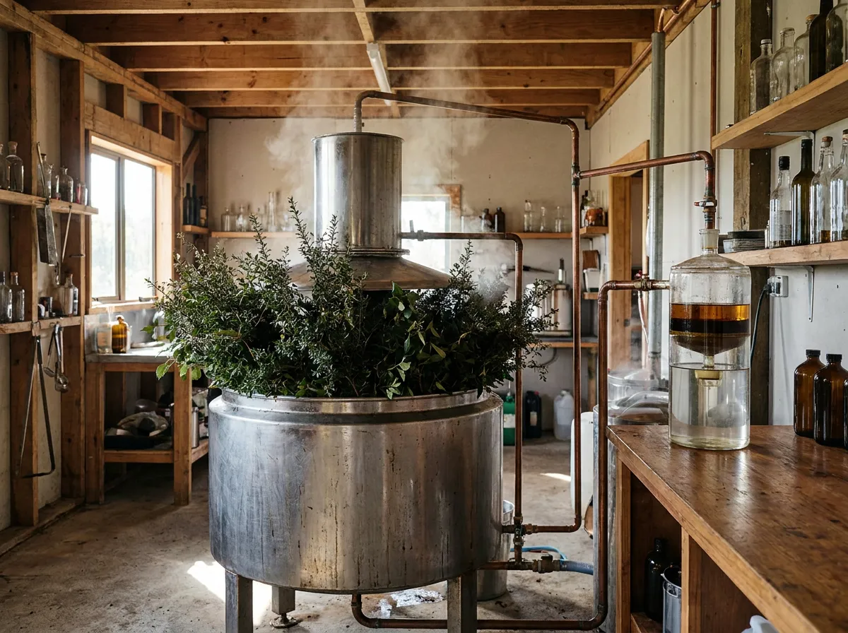 Cut manuka branches loaded into a still with steam rising